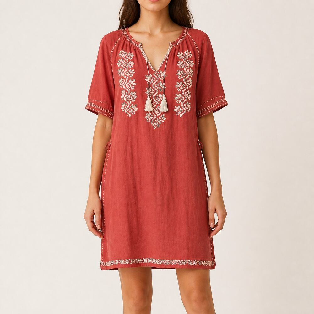 Ulla Johnson Dress 4 Coral Cotton Embroidered Tassel V Neck Tunic Missing Belt